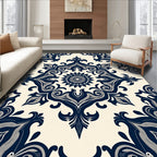 Dark Blue Cream Damask Pattern Rug