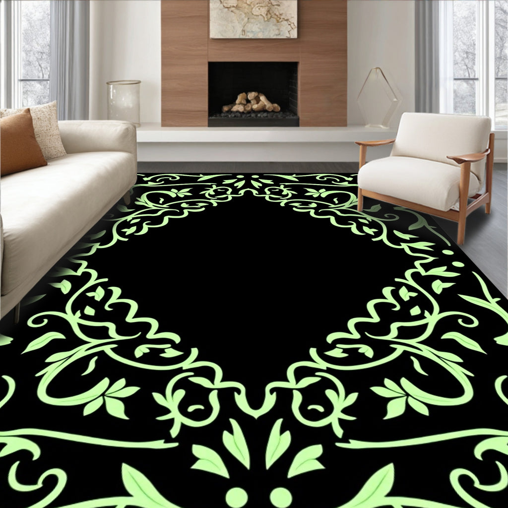 Elegant Light Green Floral Scroll Design Rug