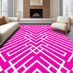 Bold Pink White Geometric Maze Pattern Rug