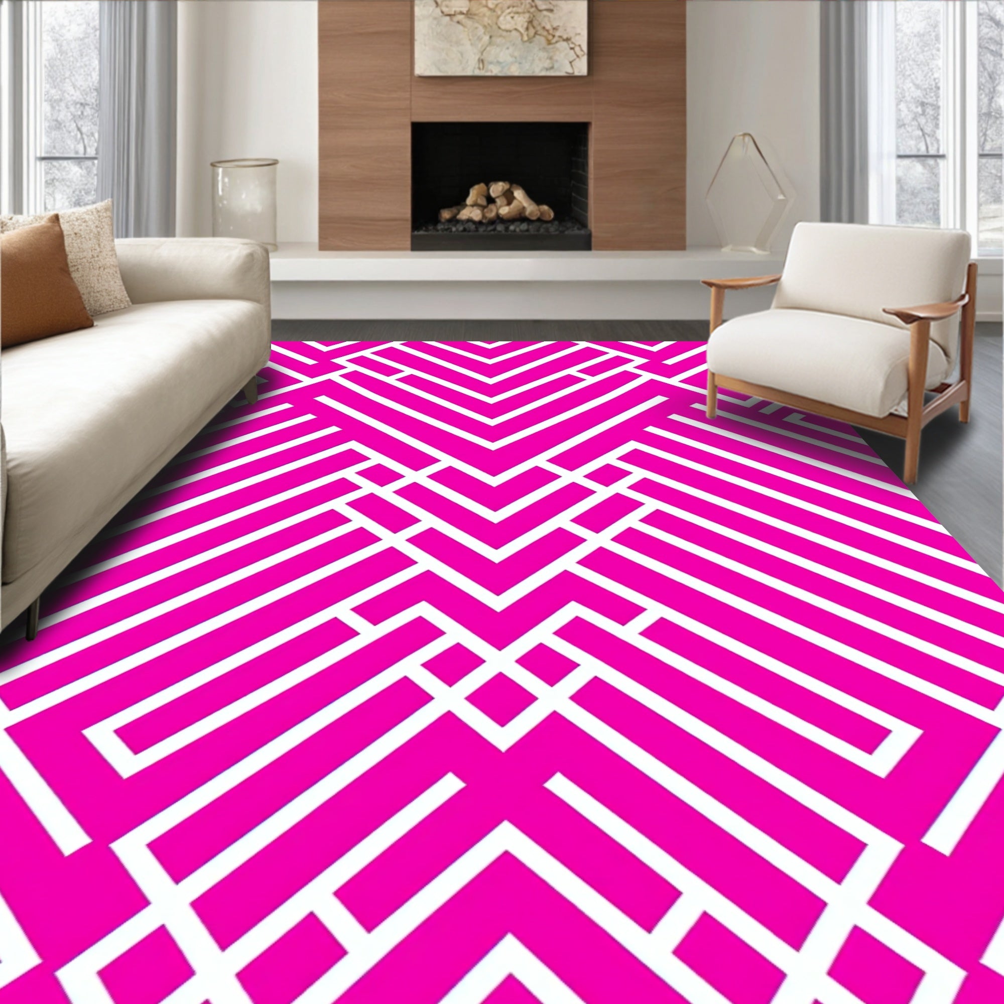 Bold Pink White Geometric Maze Pattern Rug