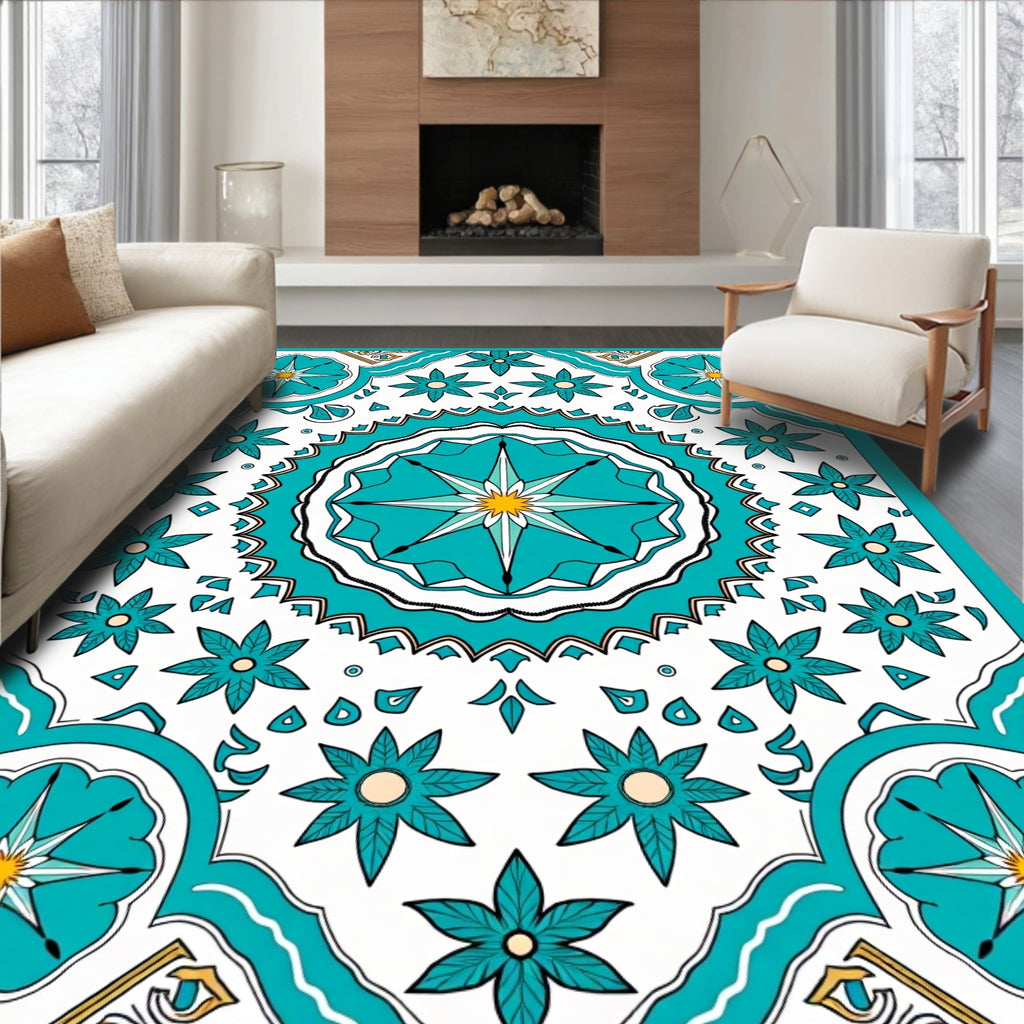 Teal Starburst Floral Mandala Pattern Rug