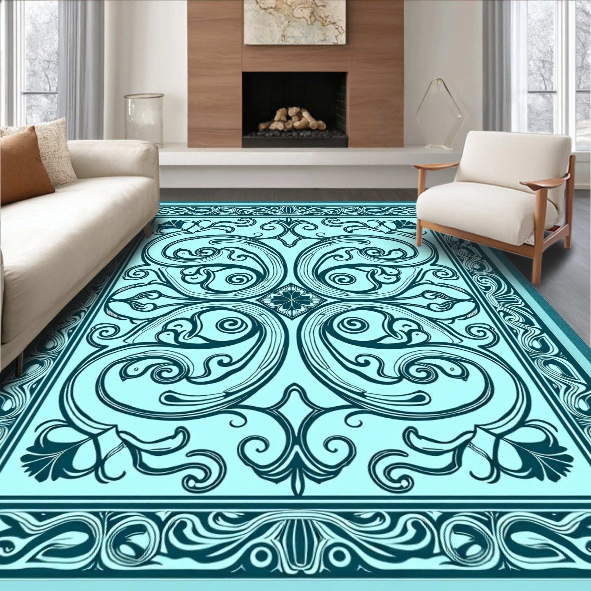 Elegant Teal Floral Scroll Rug