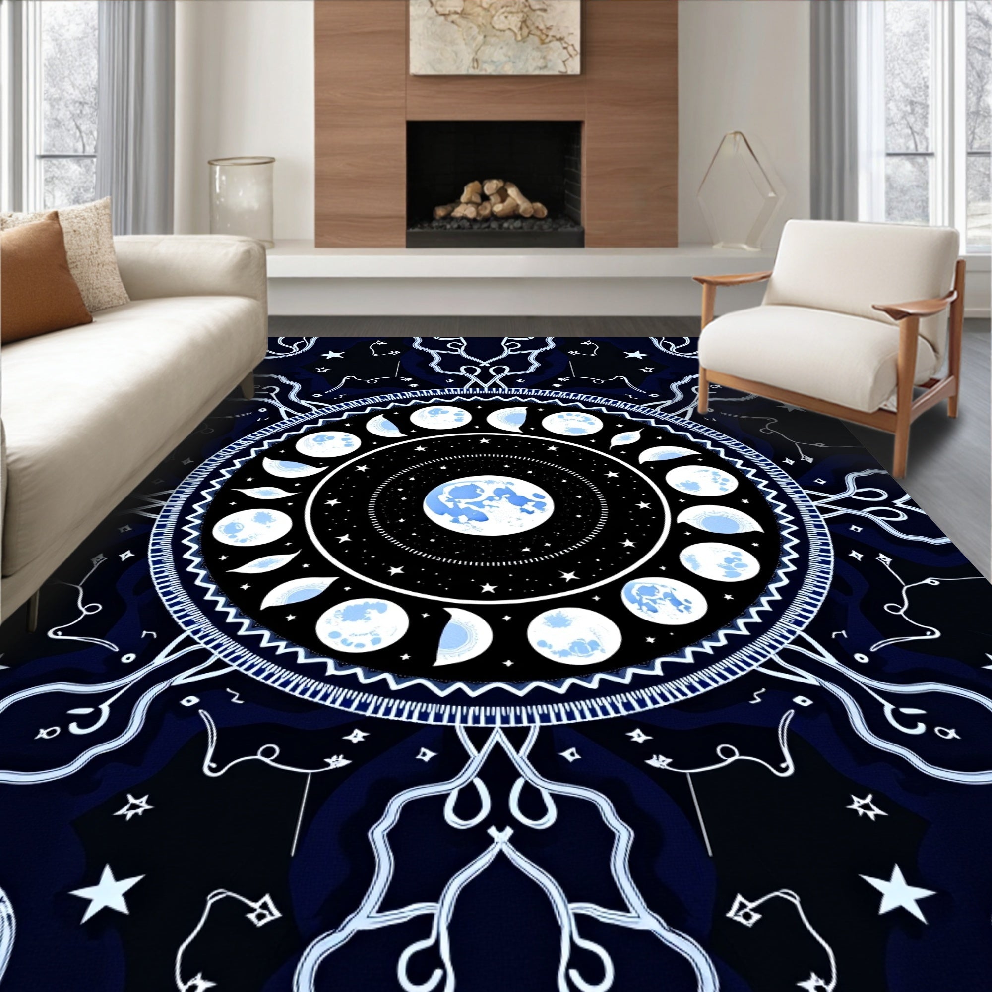 Celestial Moon Phases Mandala Design Rug