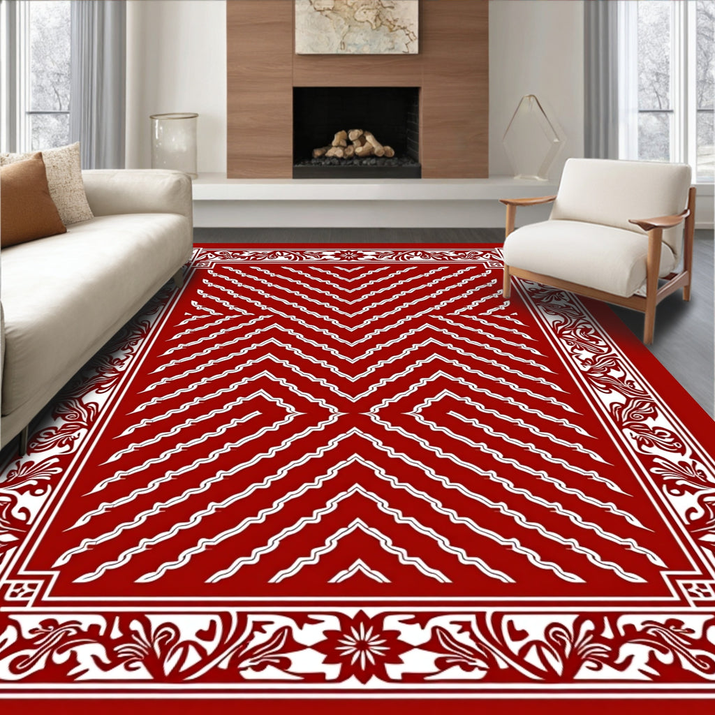 Classic Red White Chevron Border Rug