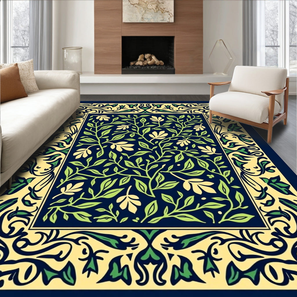 Dark Blue Green Vine Floral Rug