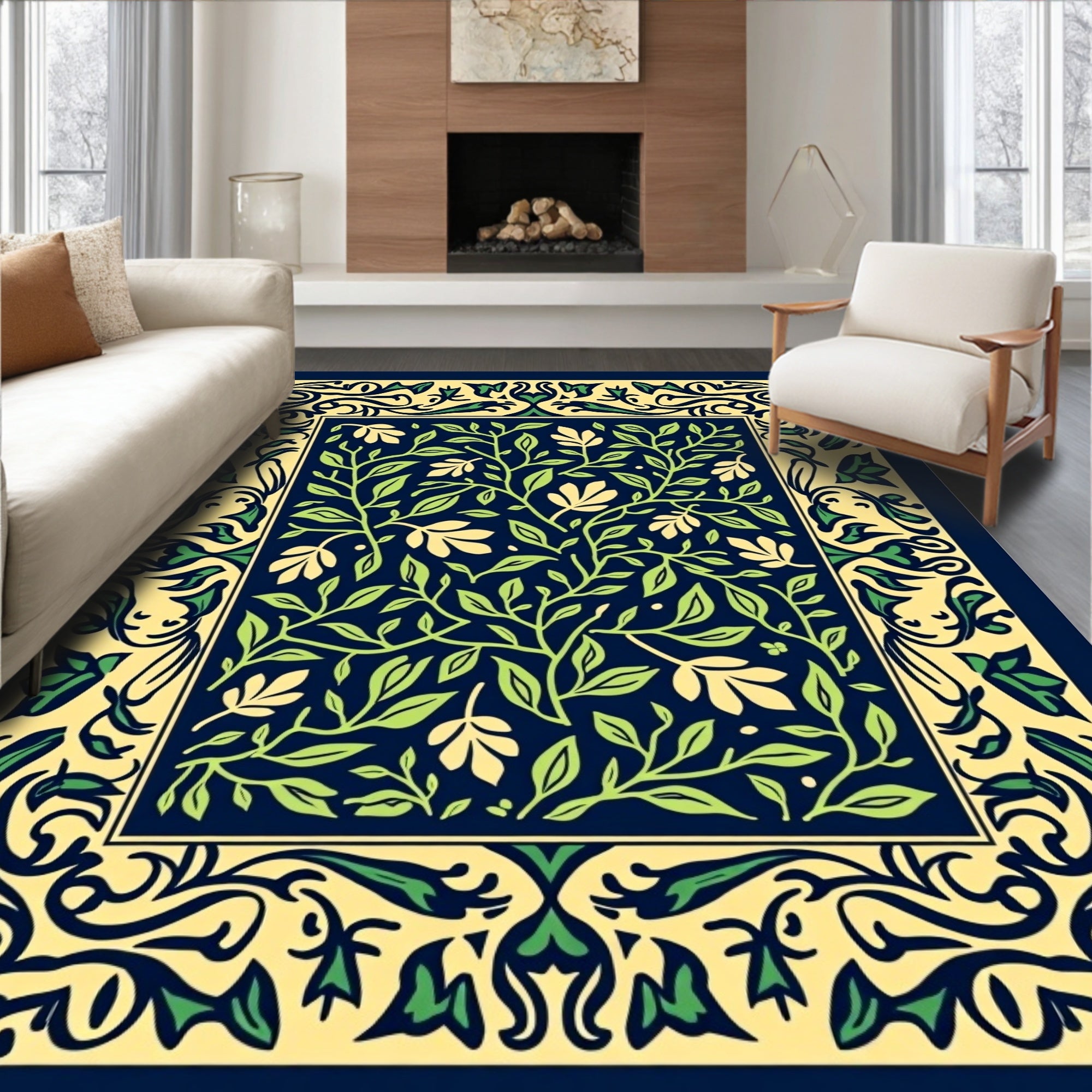 Dark Blue Green Vine Floral Rug