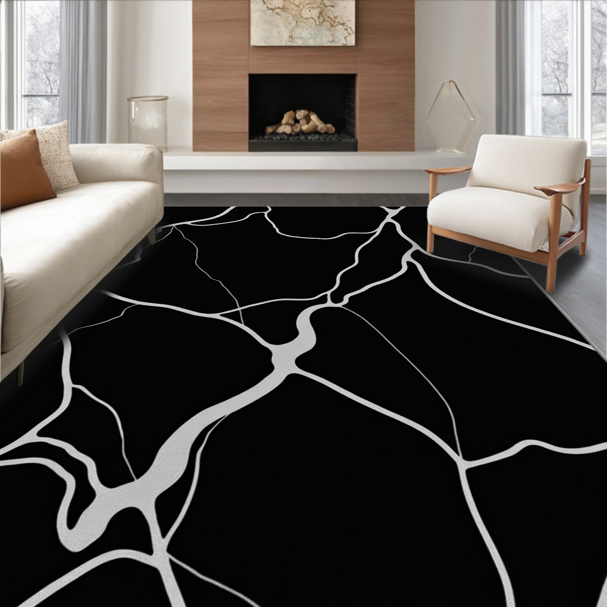 Abstract Black White Vein Rug
