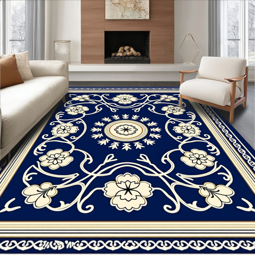 Elegant Floral Vine Cream Navy Rug