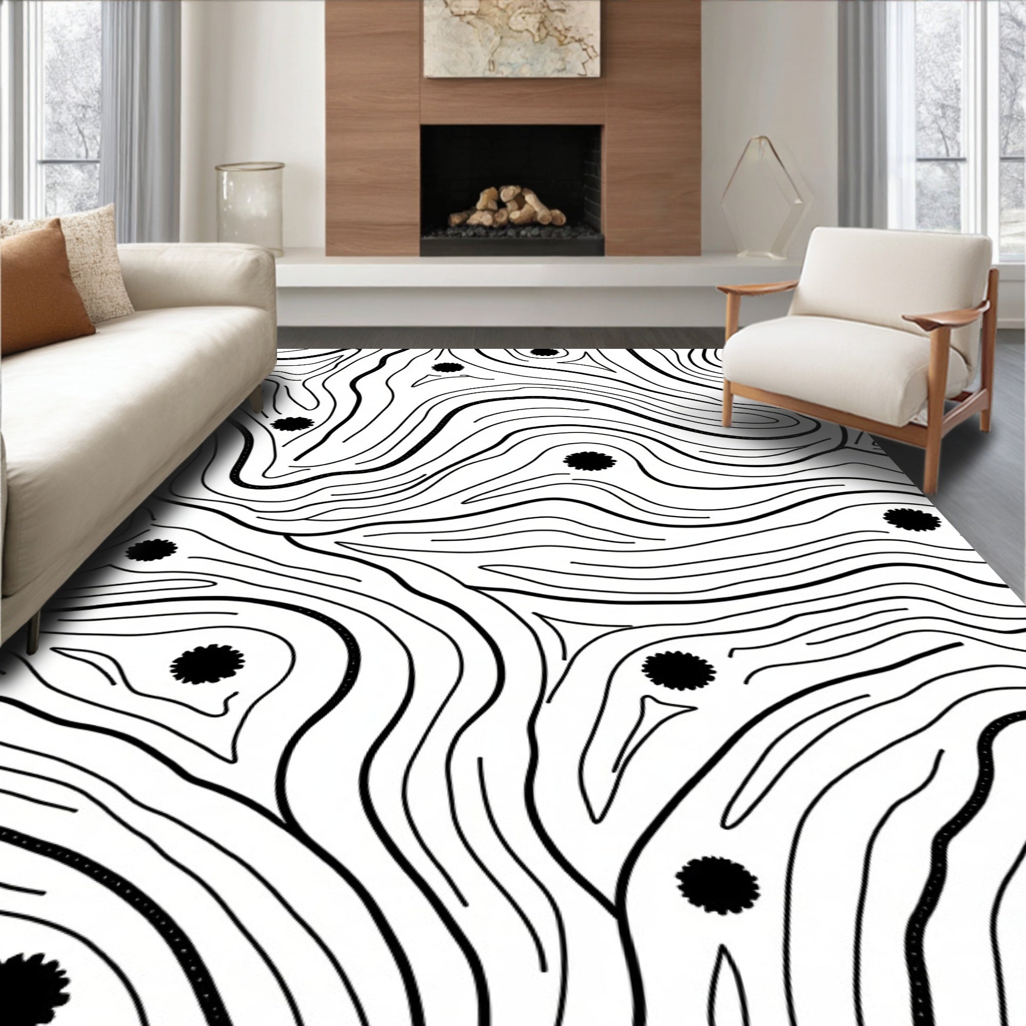 Abstract Black Lines Floral Pattern Rug