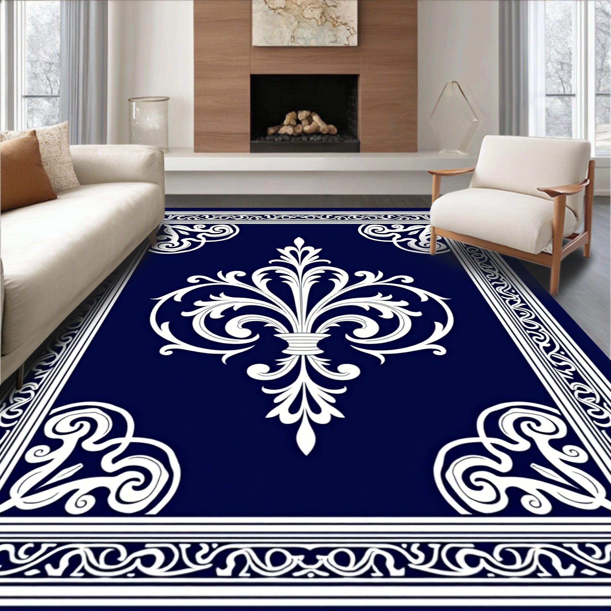 Ornate Flourish Navy Pattern Rug