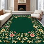 Golden Floral Birds on Green Rug