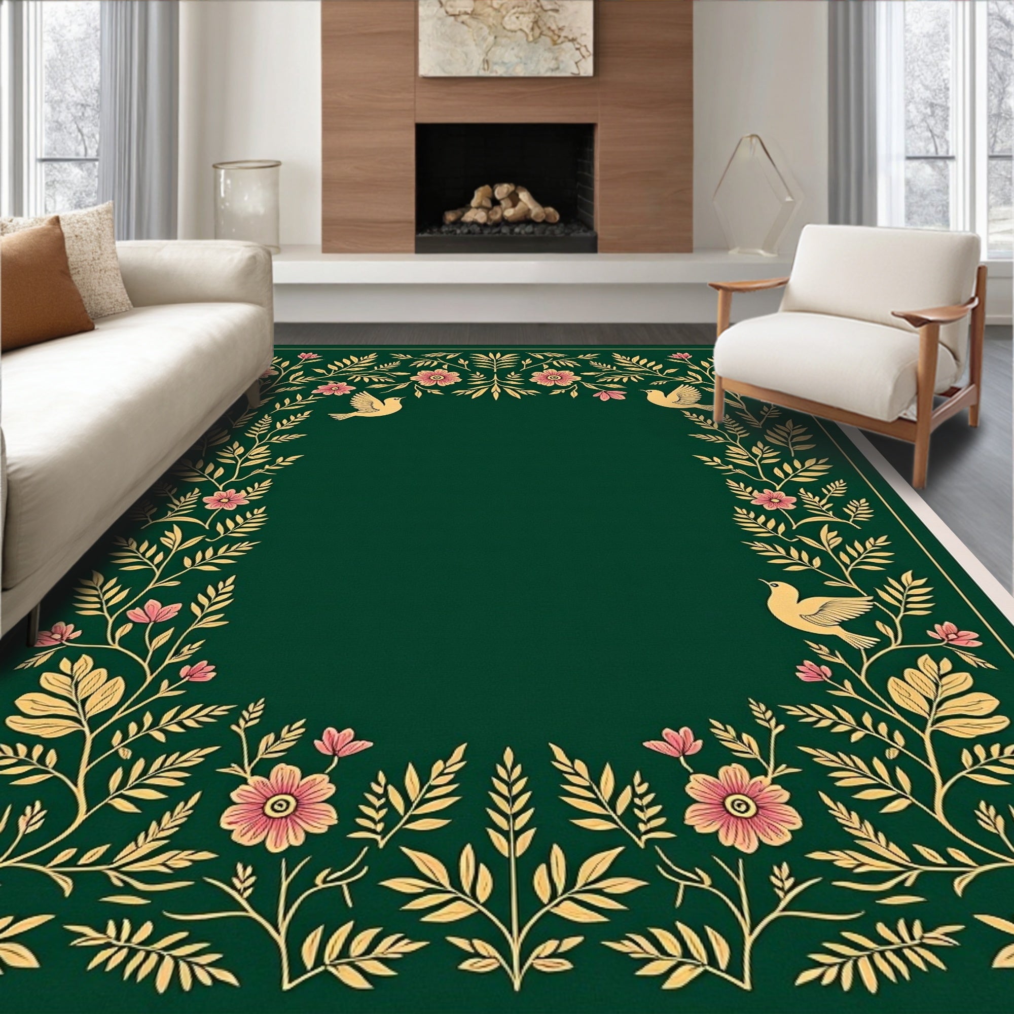 Golden Floral Birds on Green Rug