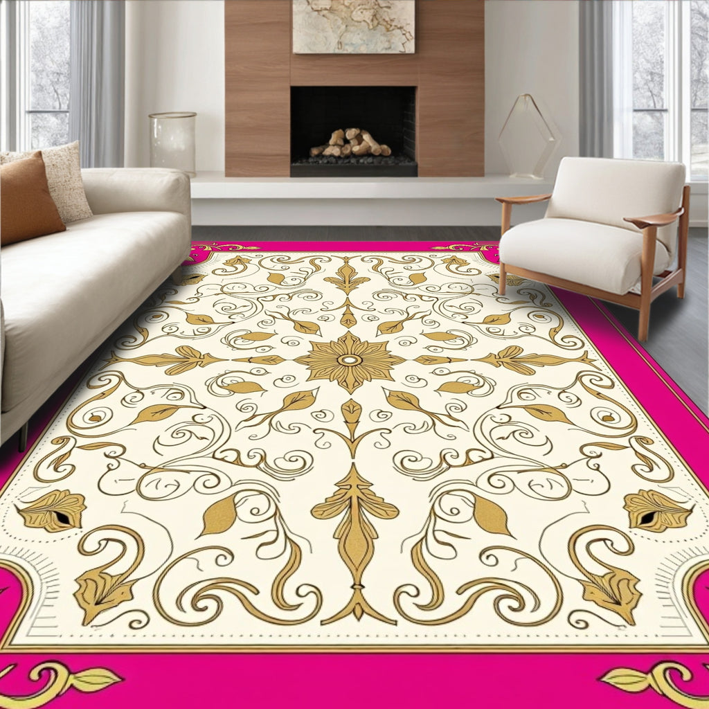 Ornate Floral Swirls Pink Gold Rug