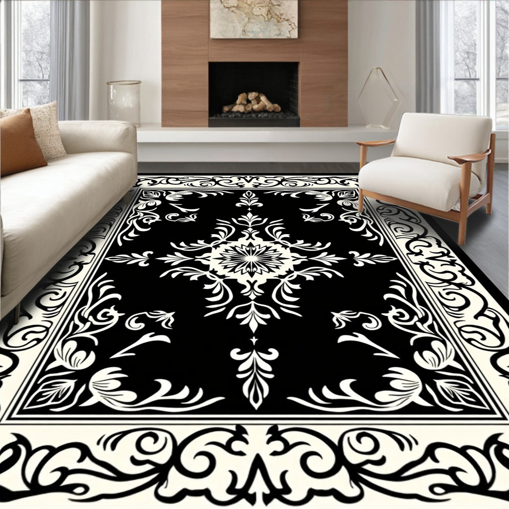 Traditional Black and White Floral Medallion Rug