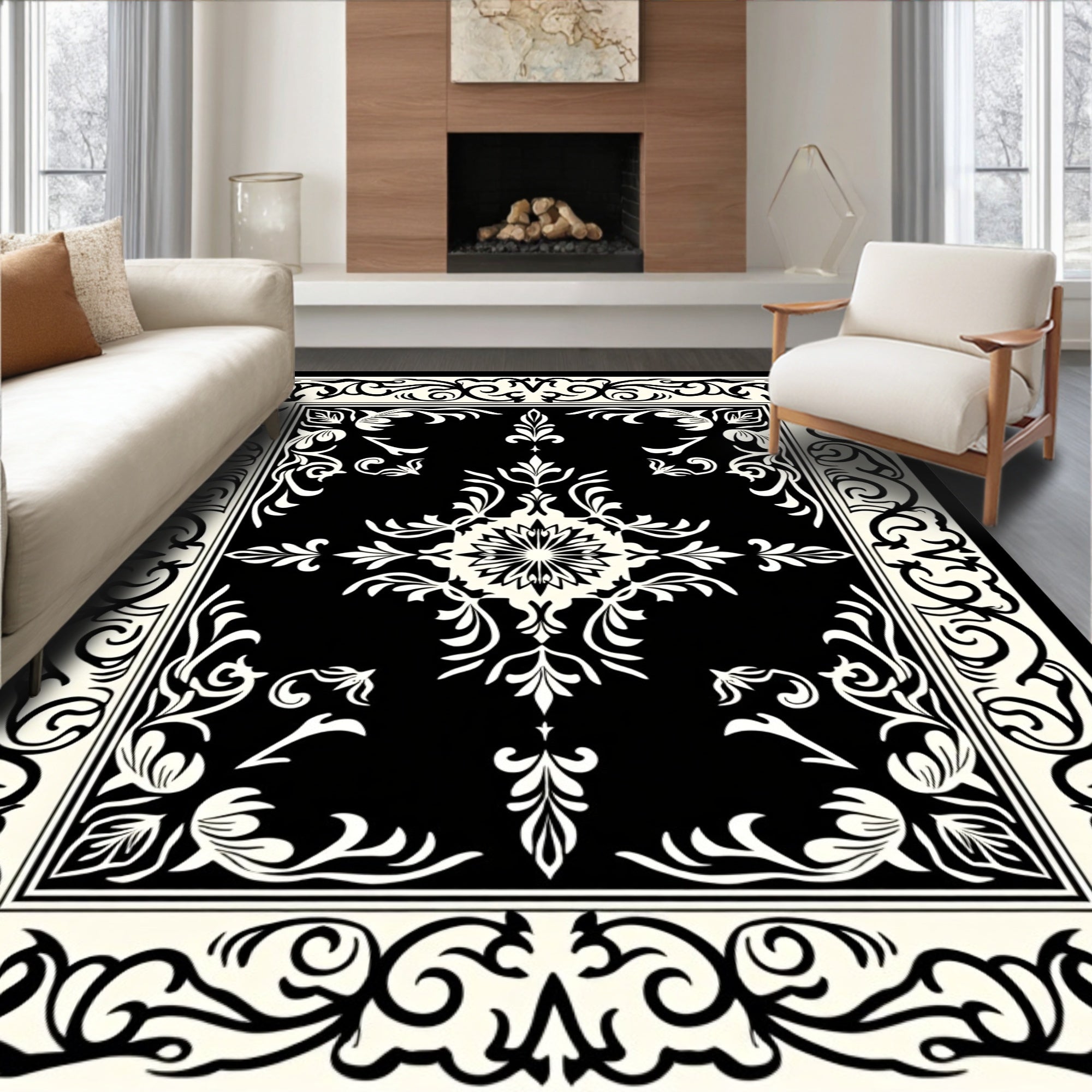 Traditional Black and White Floral Medallion Rug