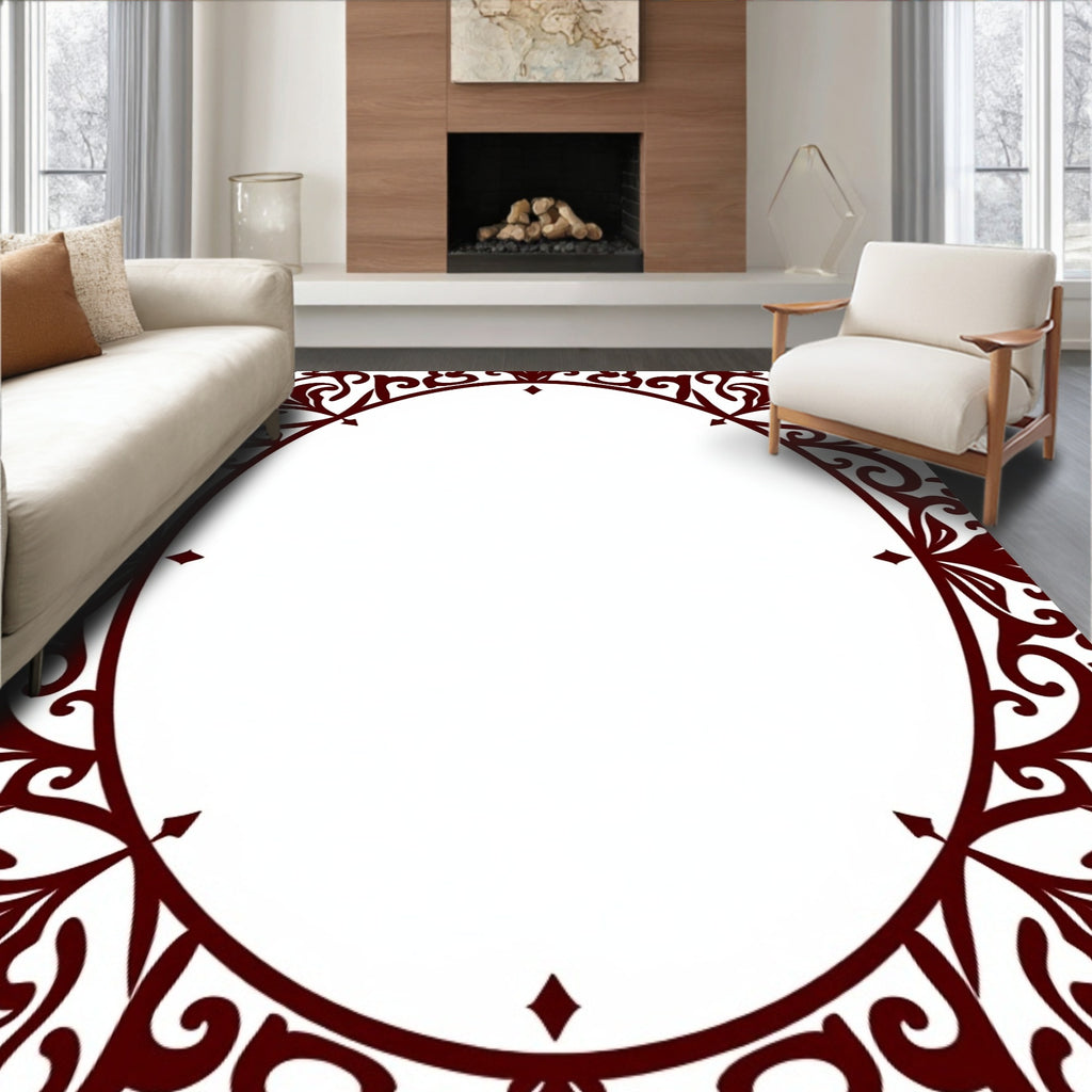 Intricate Maroon Swirl Border Design Rug