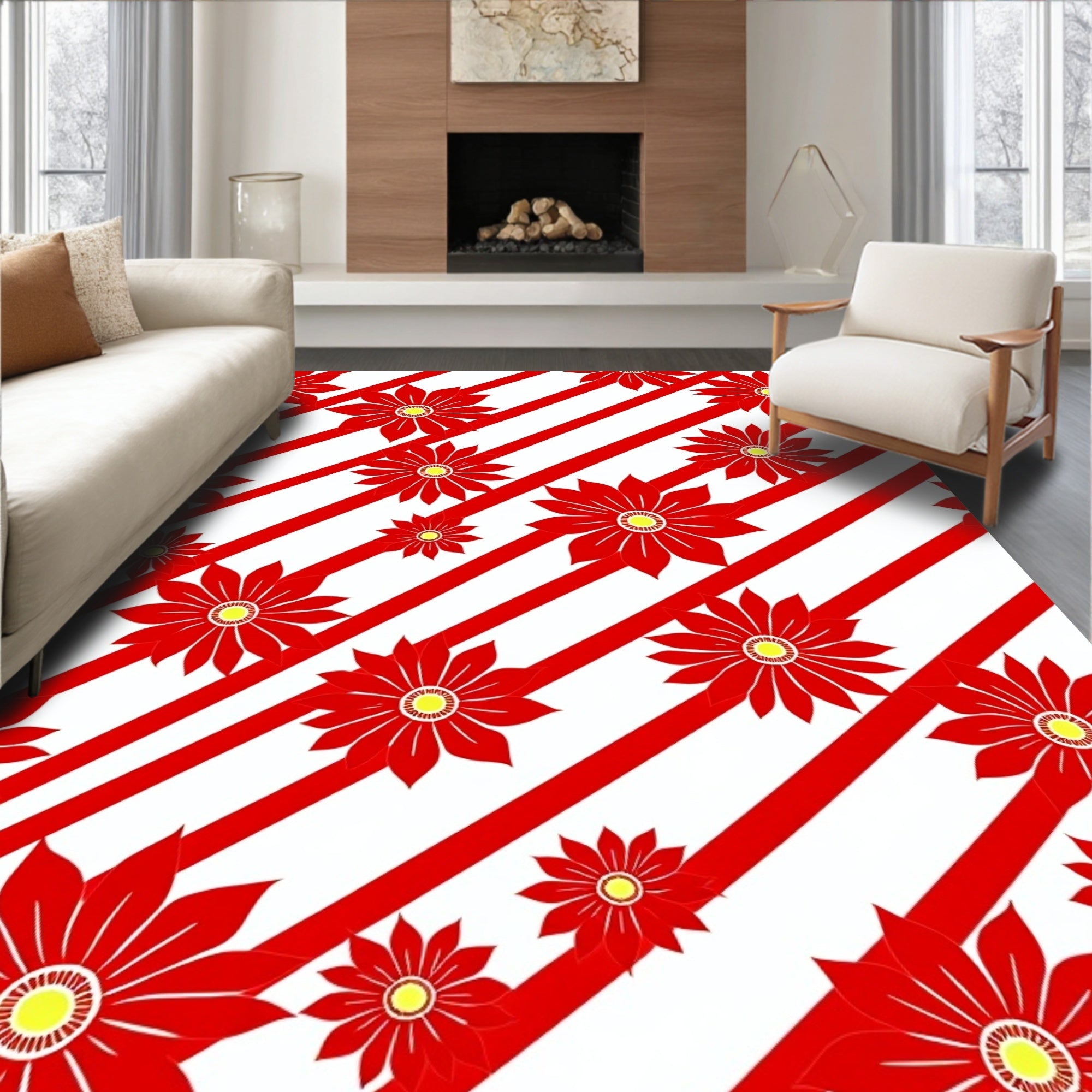 Bold Red Floral Stripe Arrangement Rug