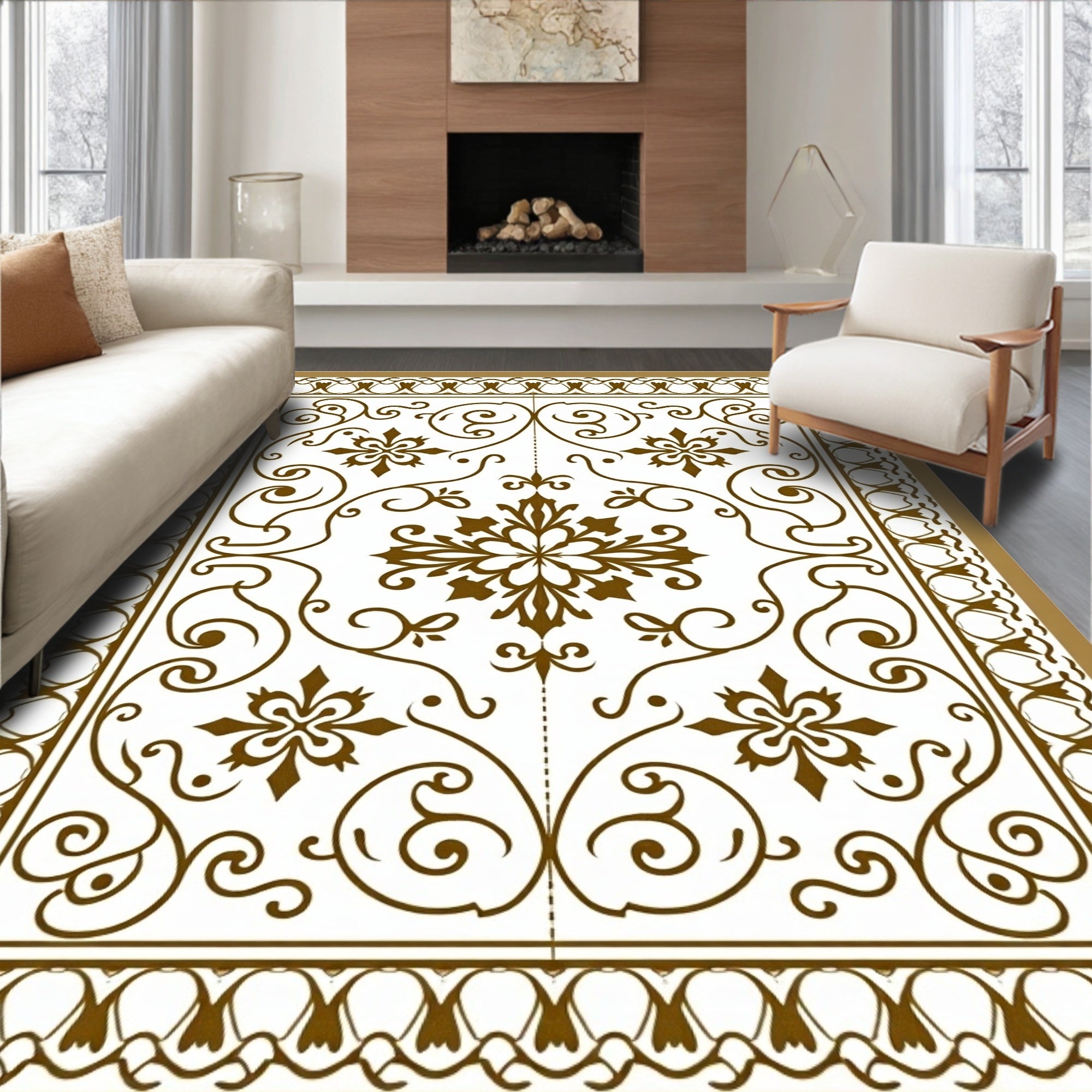 Classic Brown Floral Scroll Pattern Rug