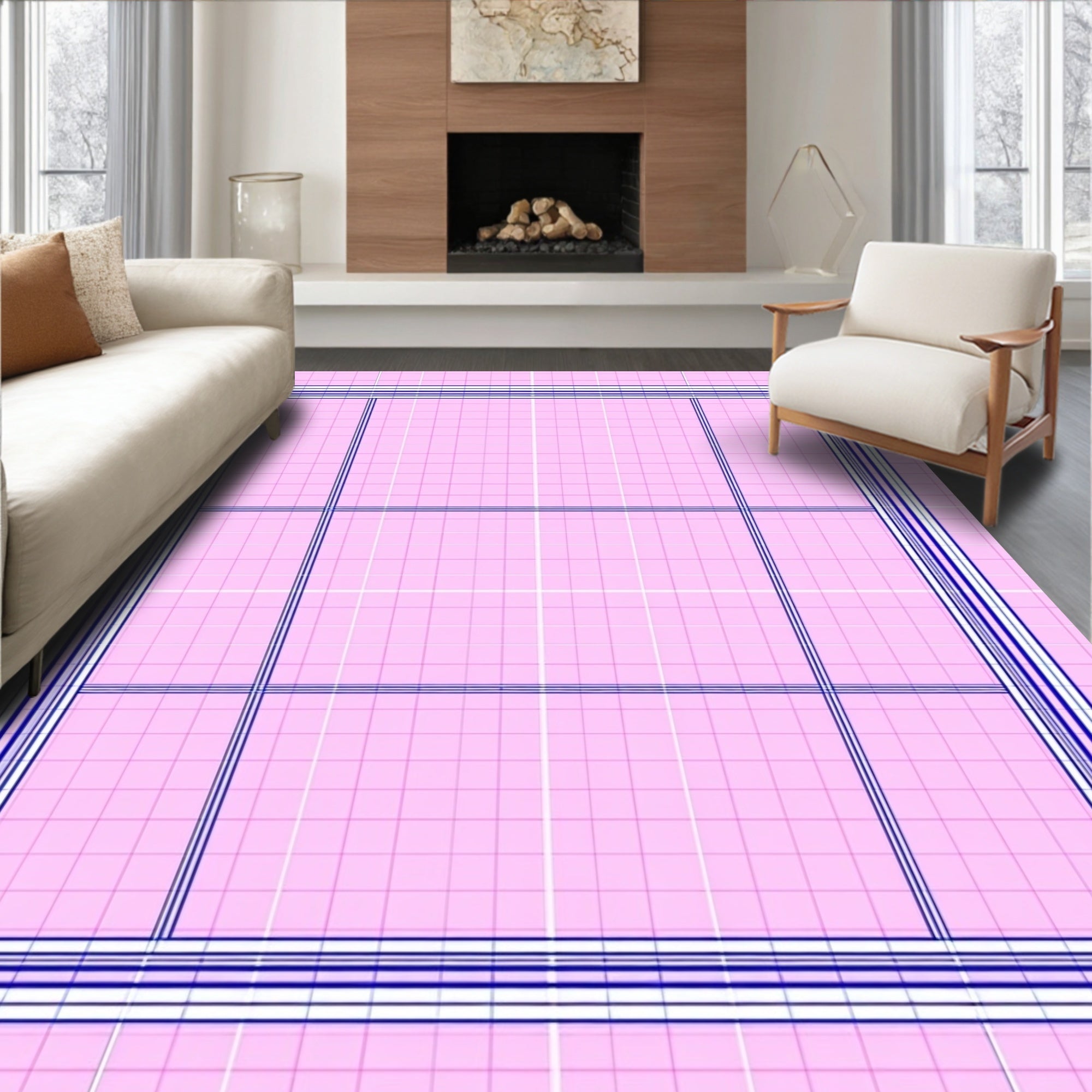 Pink Grid Geometric Pattern Rug