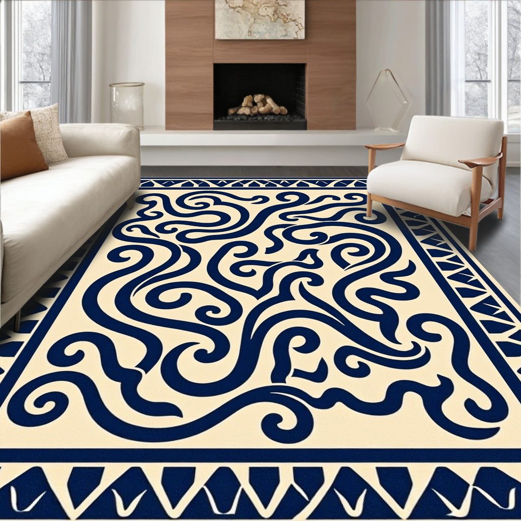 Contrasting Swirls Geometric Border Design Rug
