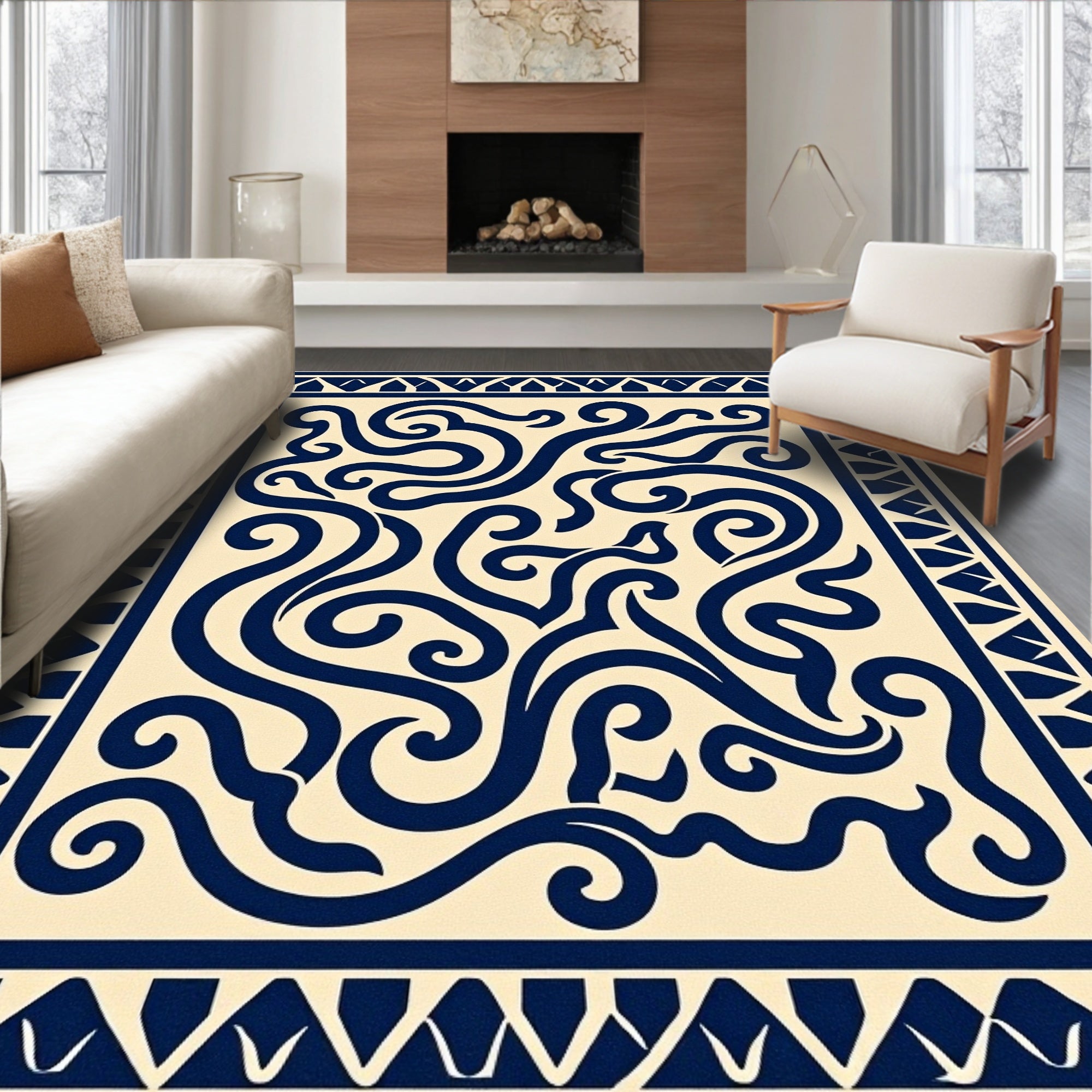 Contrasting Swirls Geometric Border Design Rug