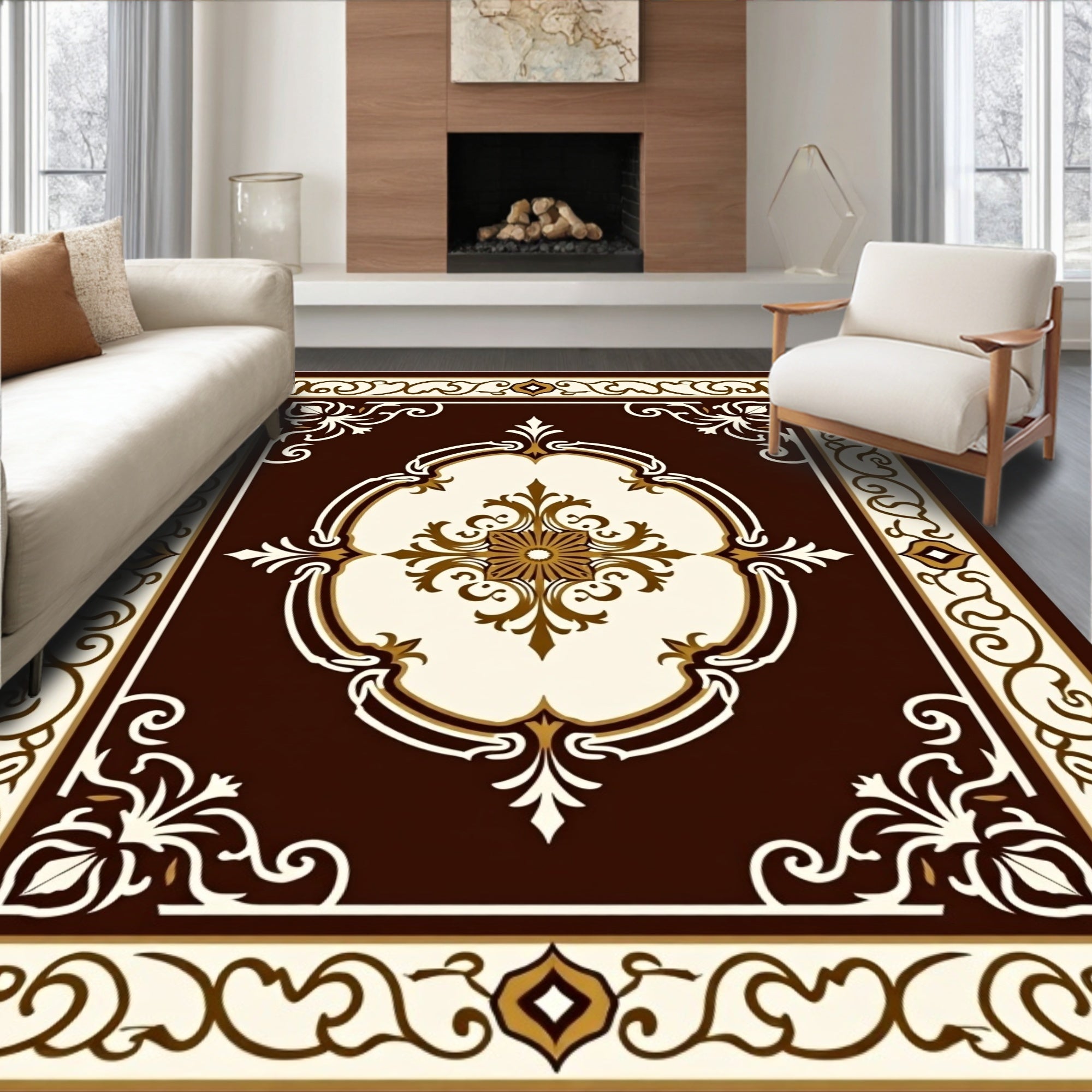 Ornate Floral Centerpiece With Border Rug
