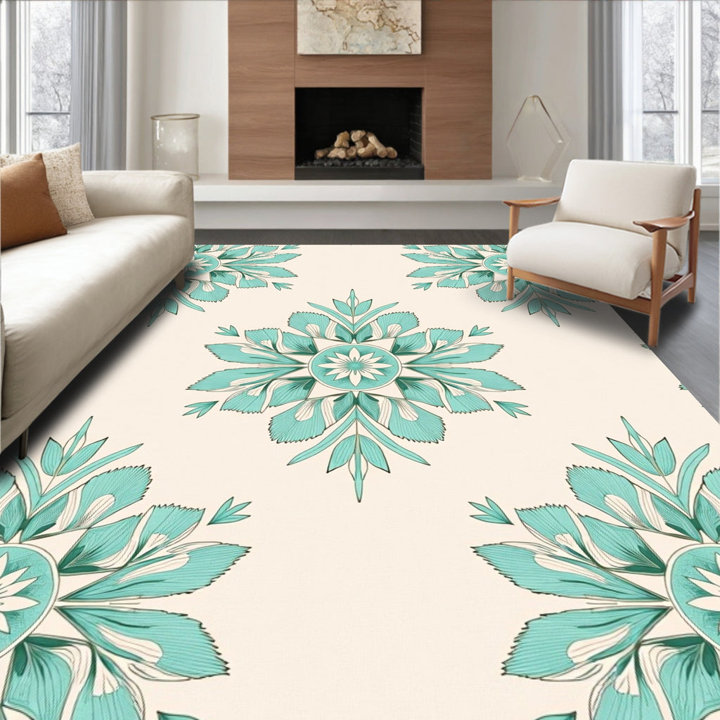 Aqua Floral Mandala Pattern Rug