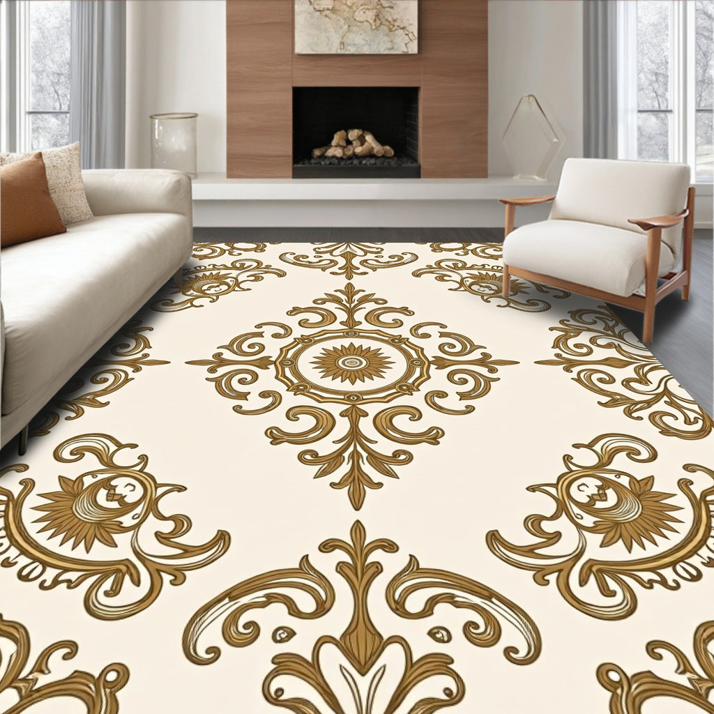 Ornate Gold Damask Scroll Pattern Rug