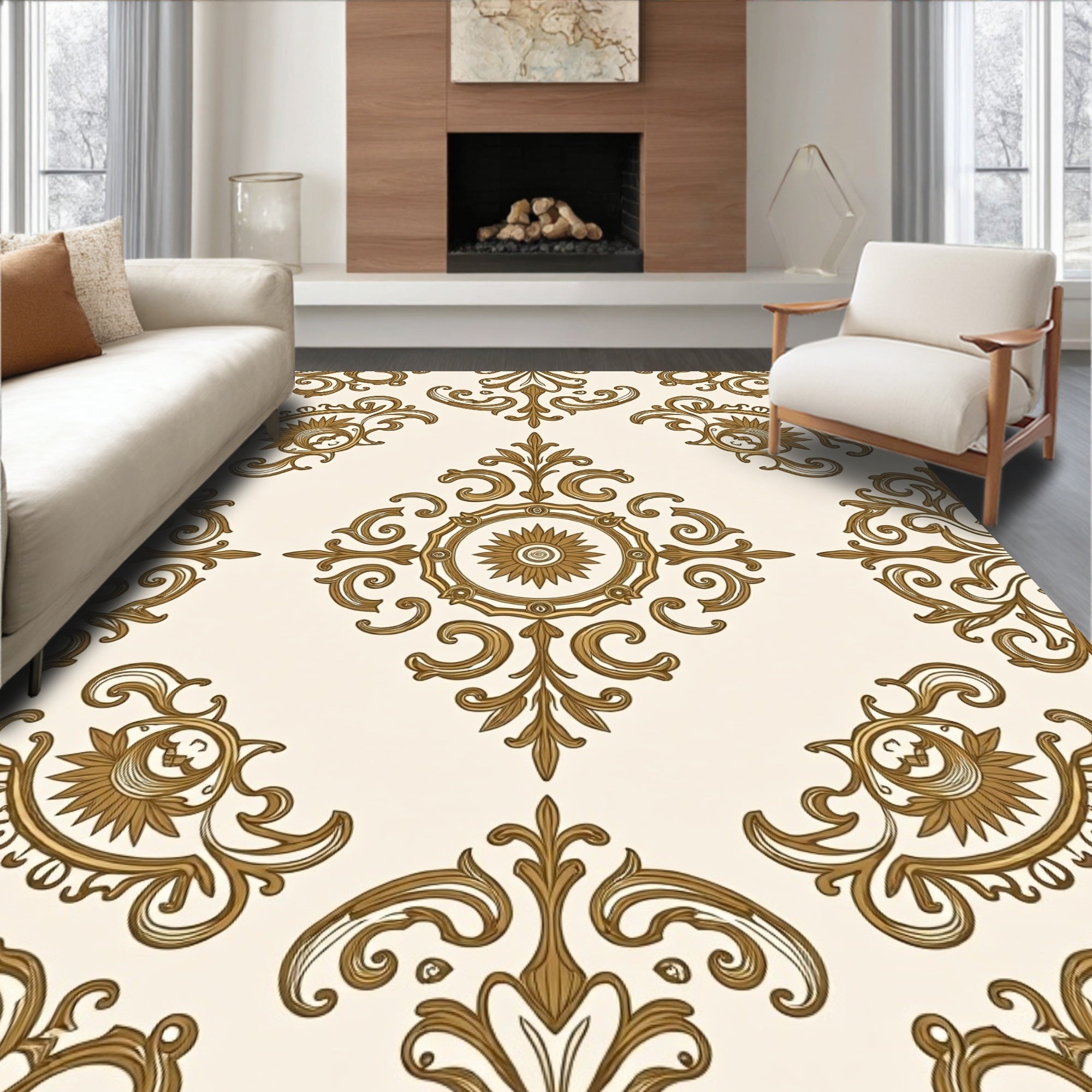 Ornate Gold Damask Scroll Pattern Rug