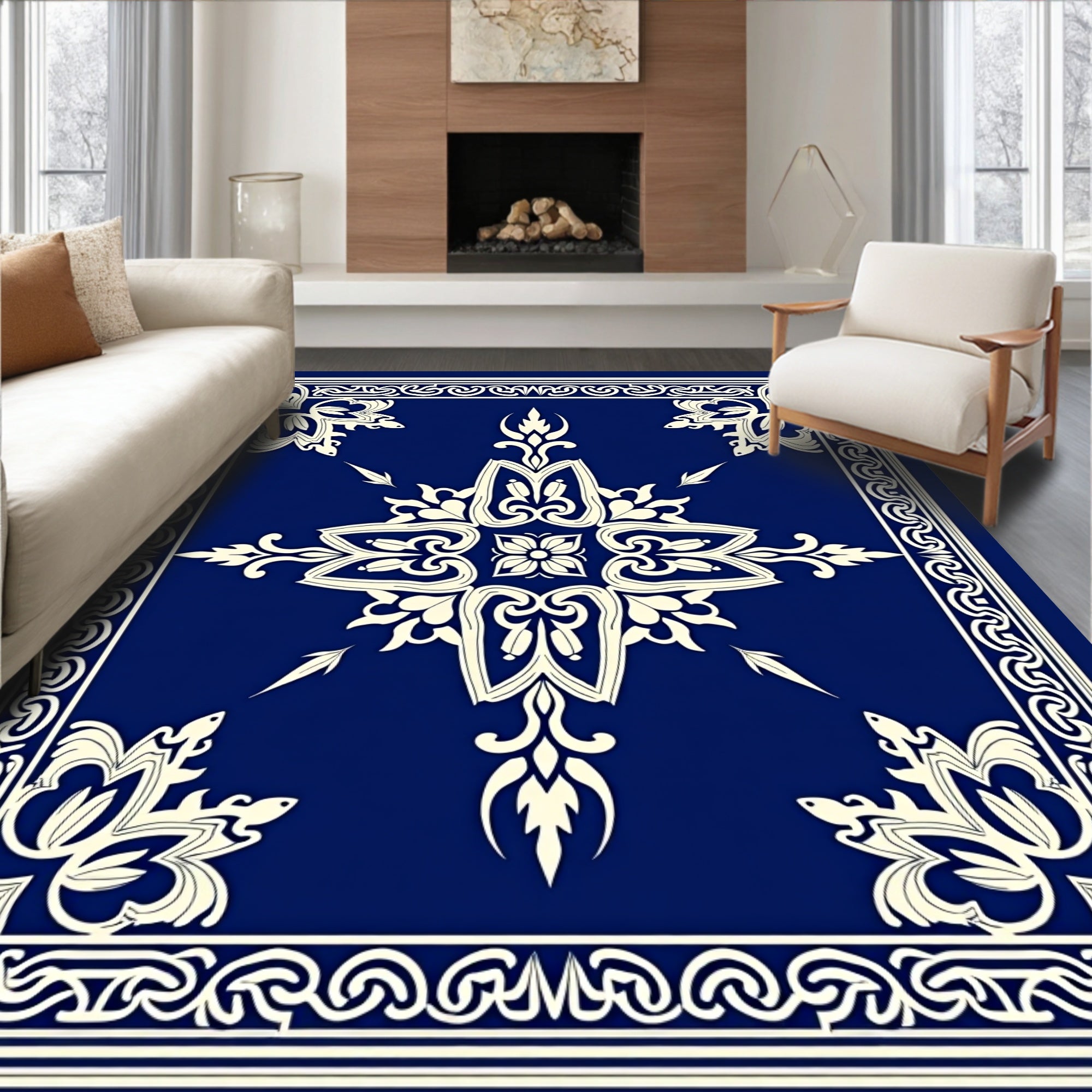 Ornate Cobalt Floral Scroll Rug