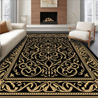 Ornate Golden Black Floral Pattern Rug