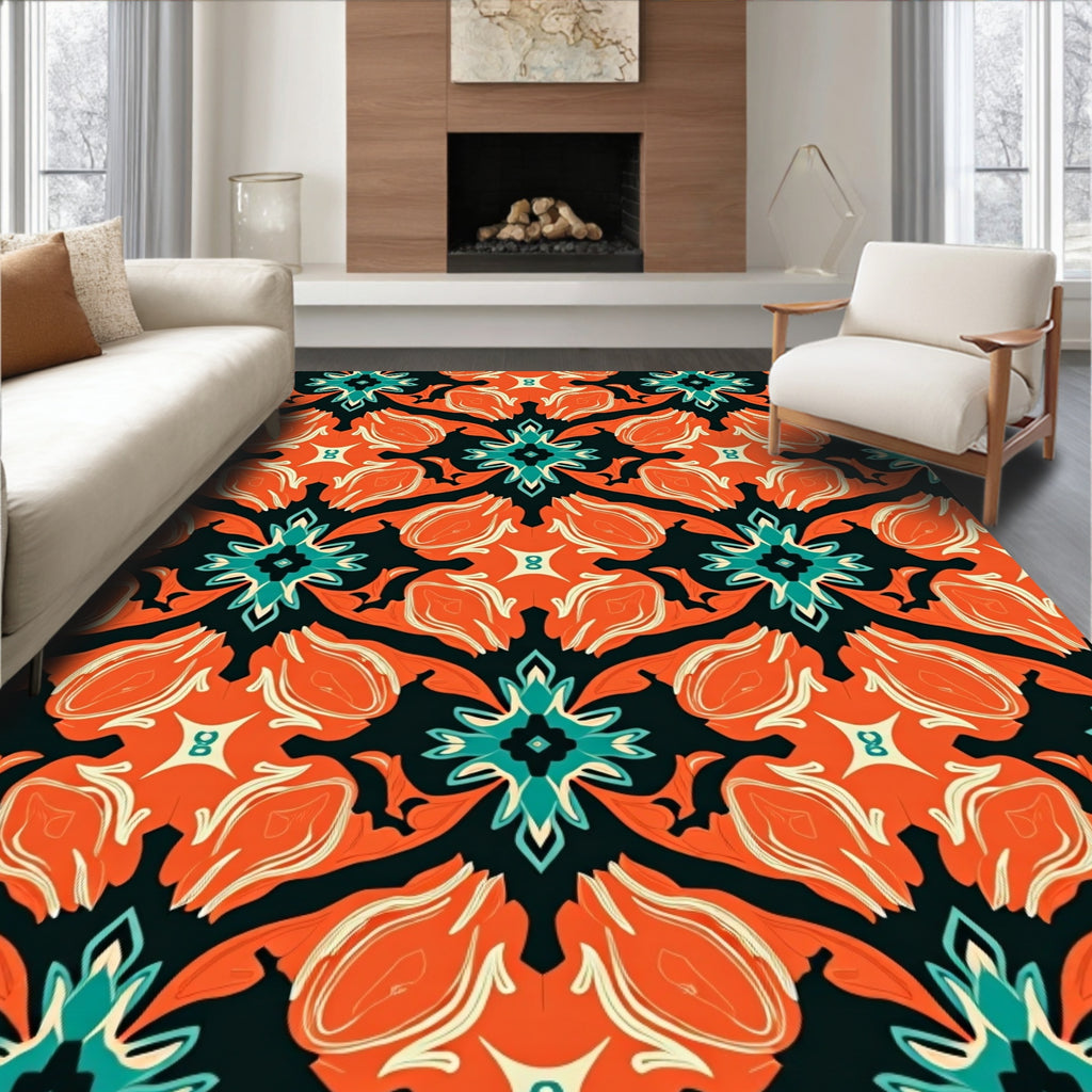 Ornate Teal Orange Floral Pattern Rug