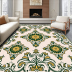 Elegant Green Gold Floral Scroll Pattern Rug