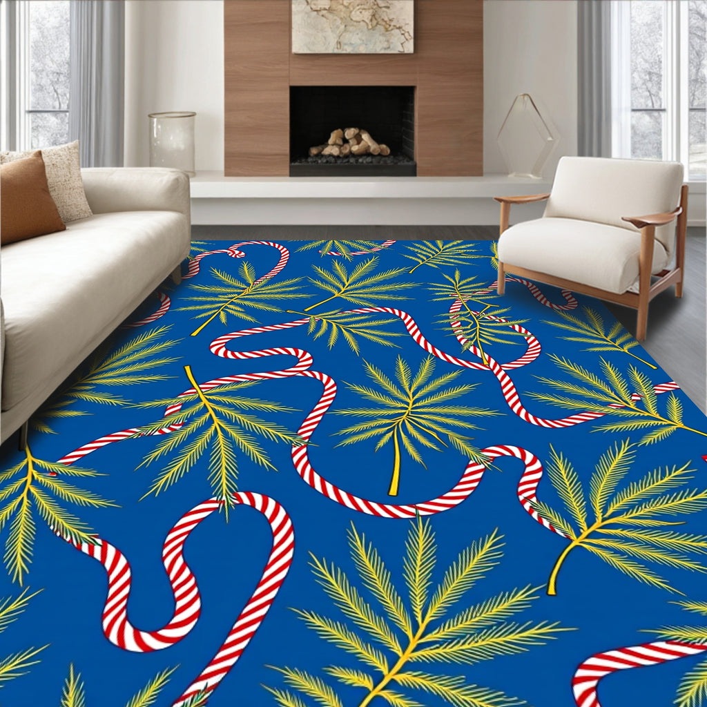 Crimson Candy Cane Pinecone Blue Scene Rug