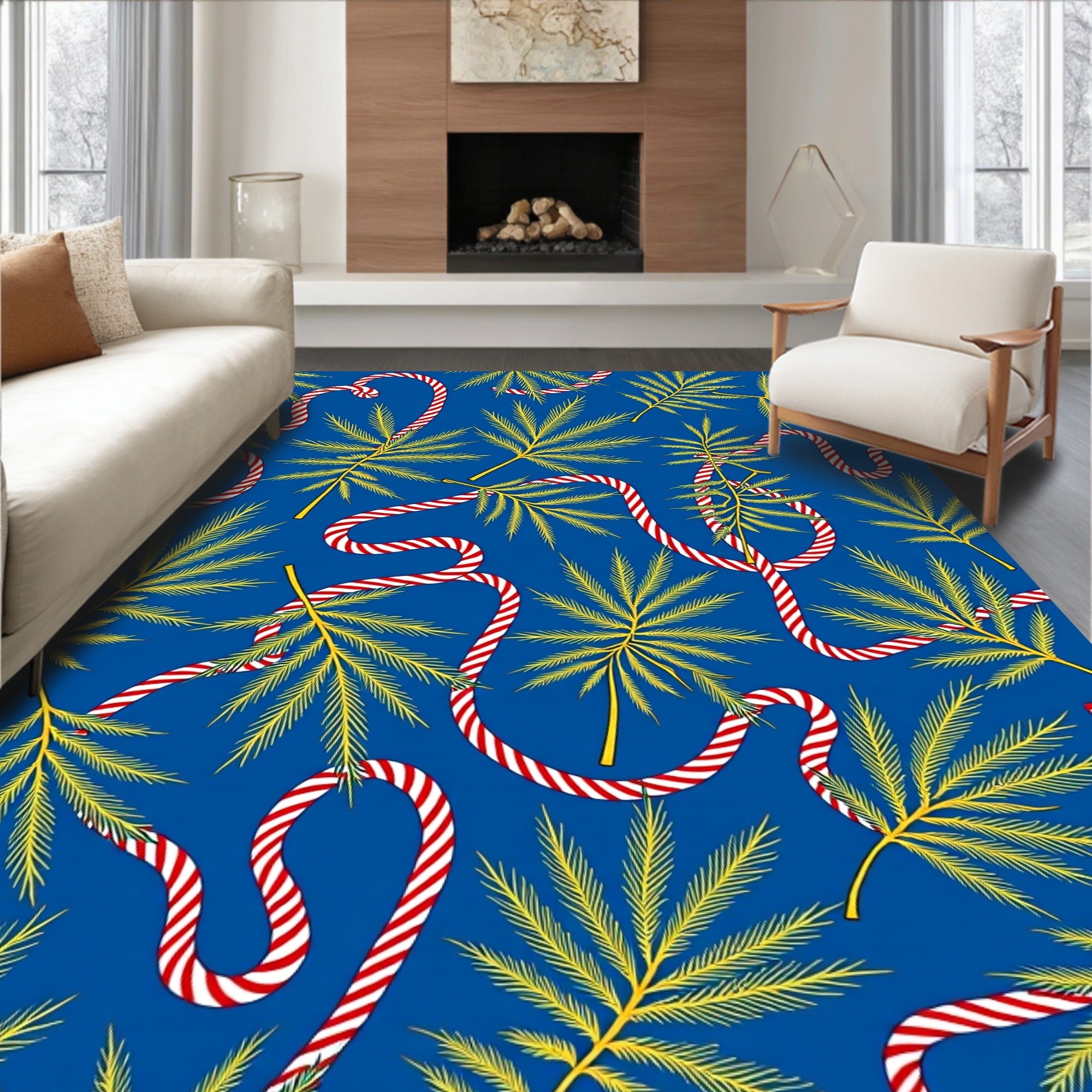 Crimson Candy Cane Pinecone Blue Scene Rug