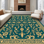 Ornate Gold Teal Damask Pattern Rug