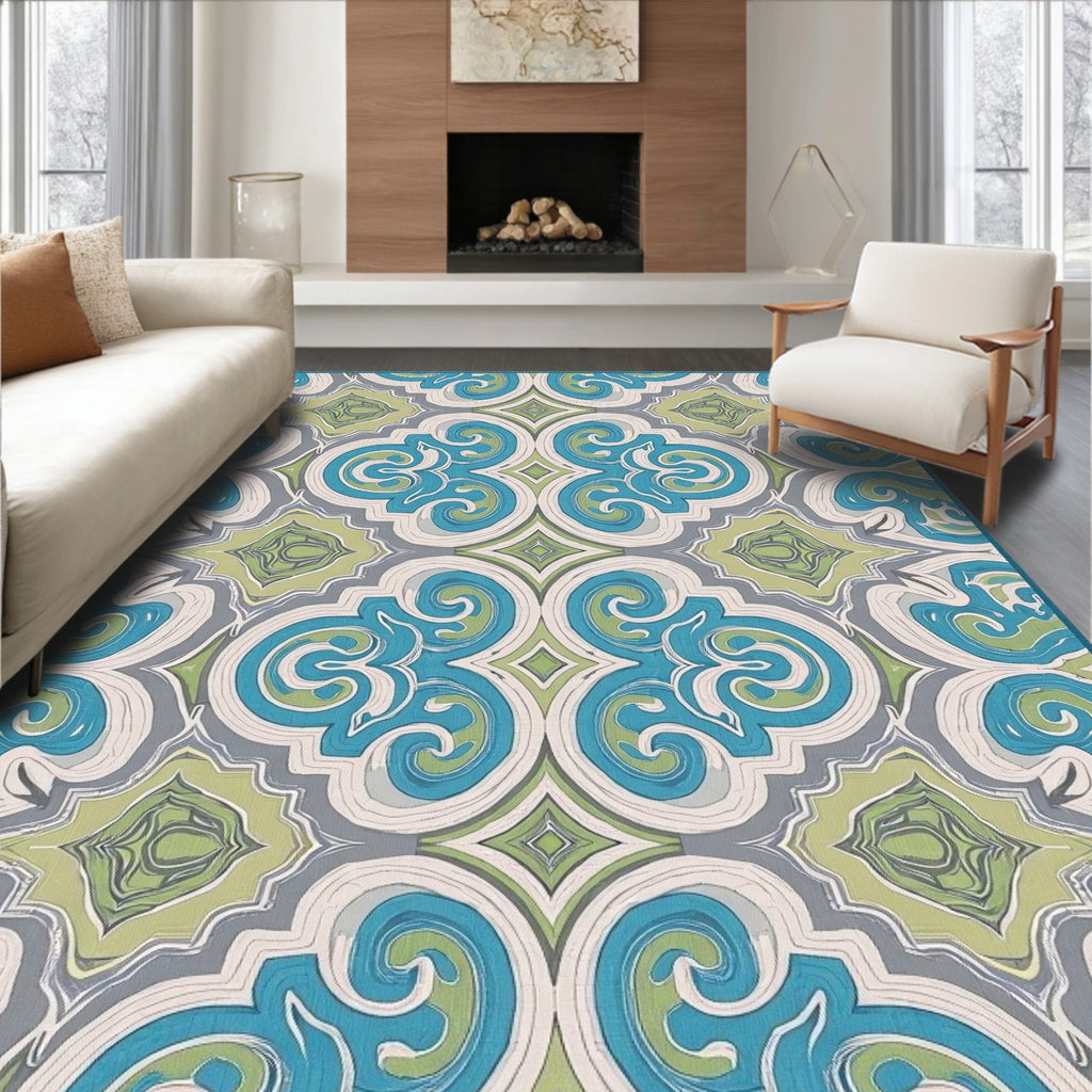 Ornate Teal And Green Scroll Rug
