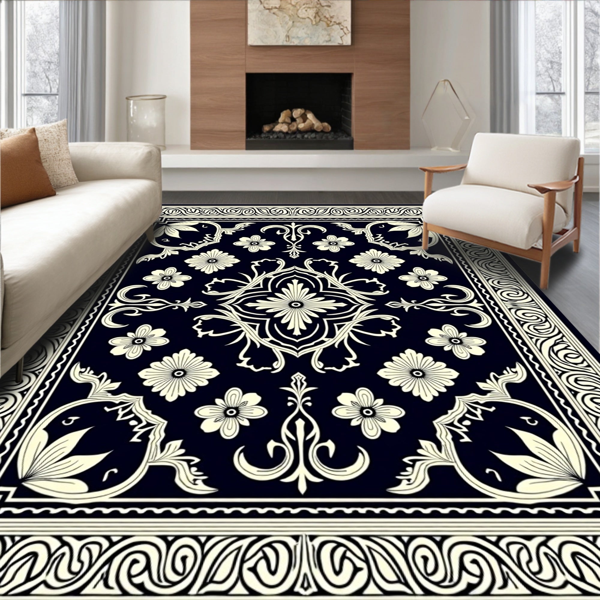 Classic Floral Scroll Border Pattern Rug
