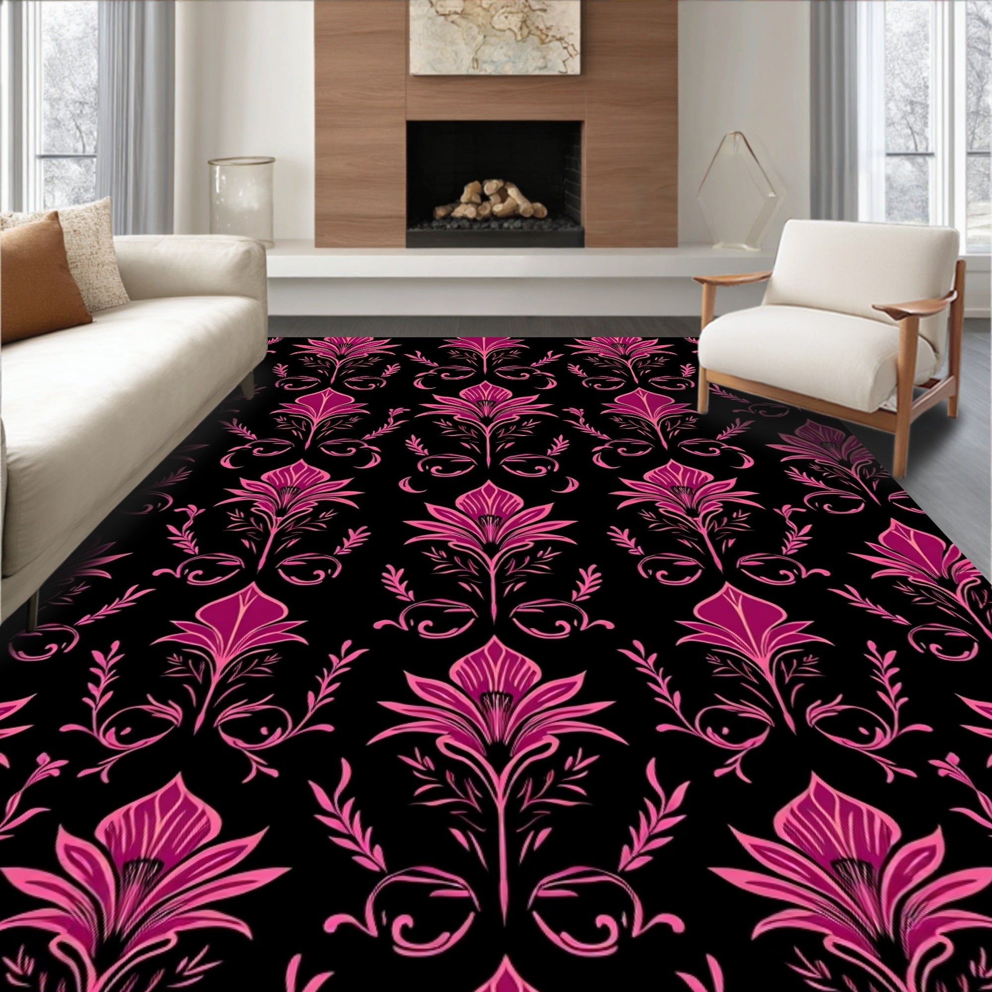 Ornate Magenta Floral Damask Pattern Rug