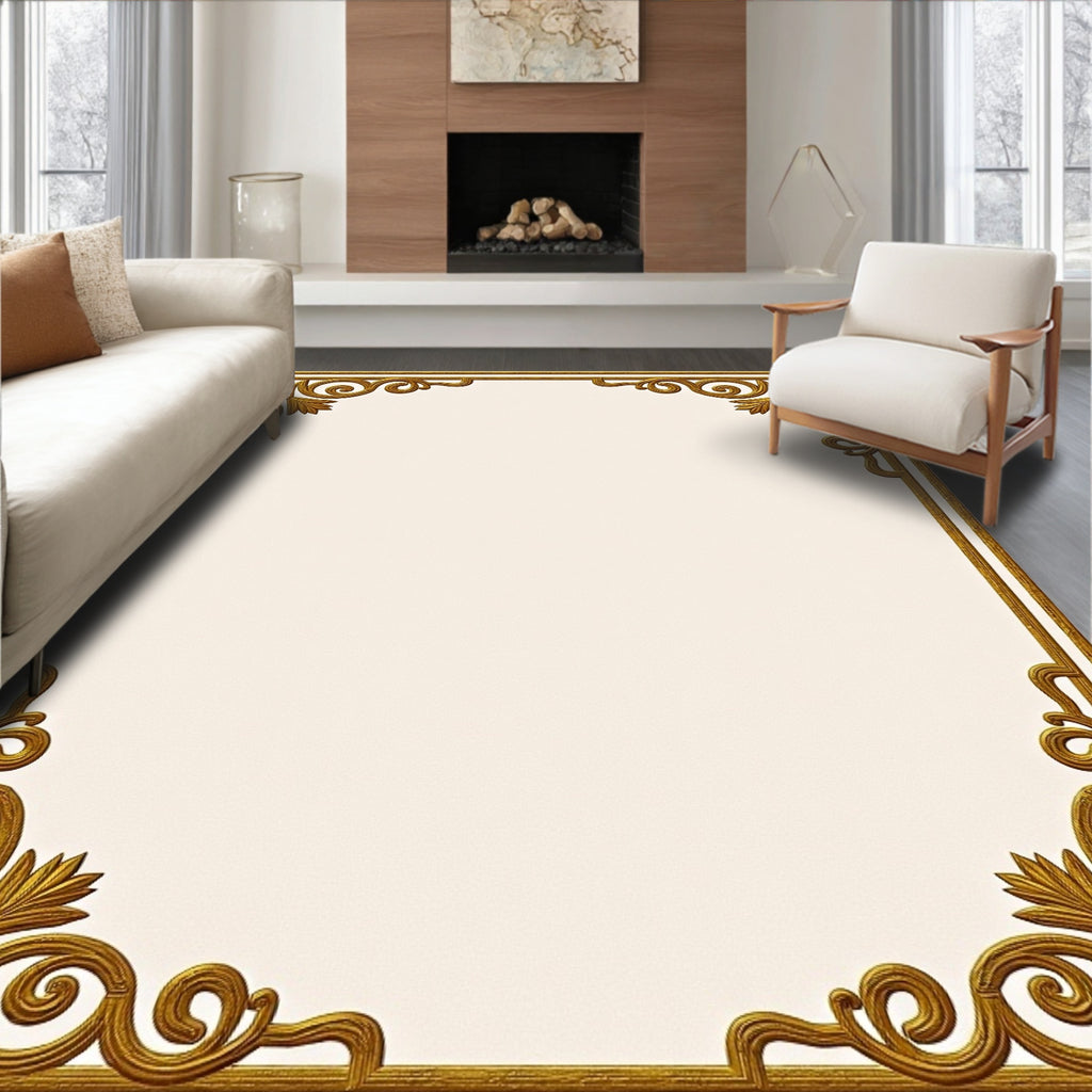 Ornate Golden Scrolling Leaf Border Rug