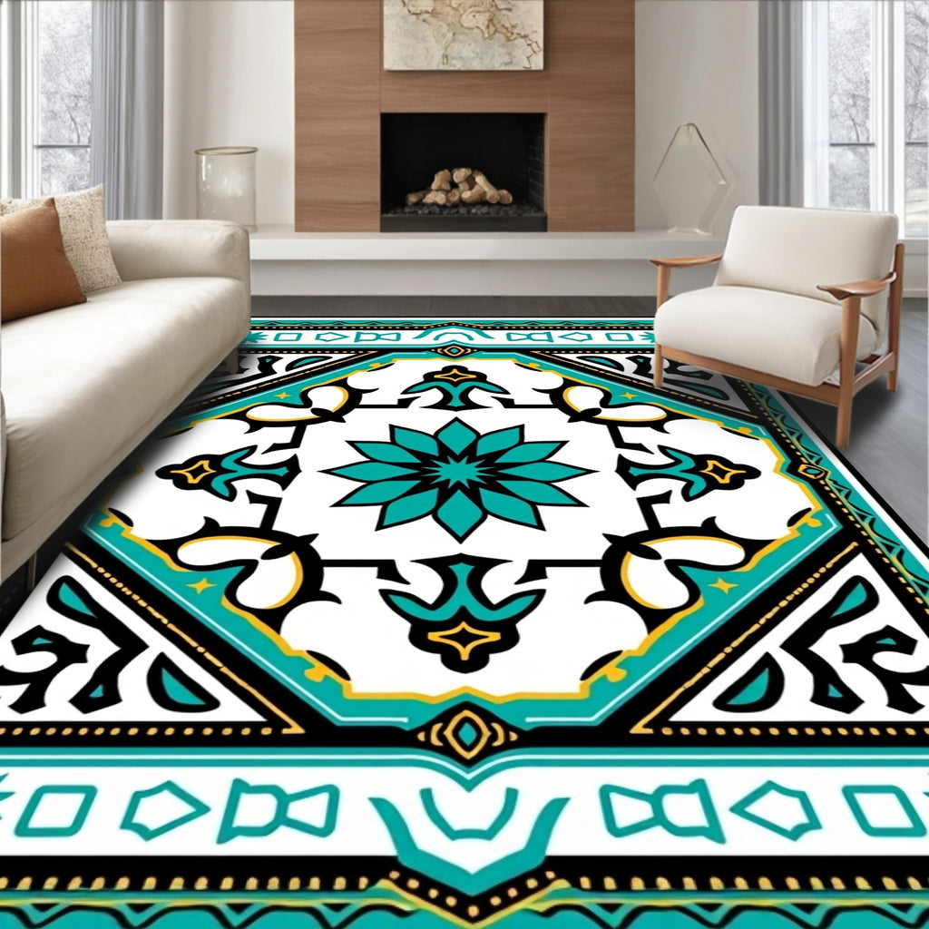Intricate Teal Geometric Floral Rug Design Rug