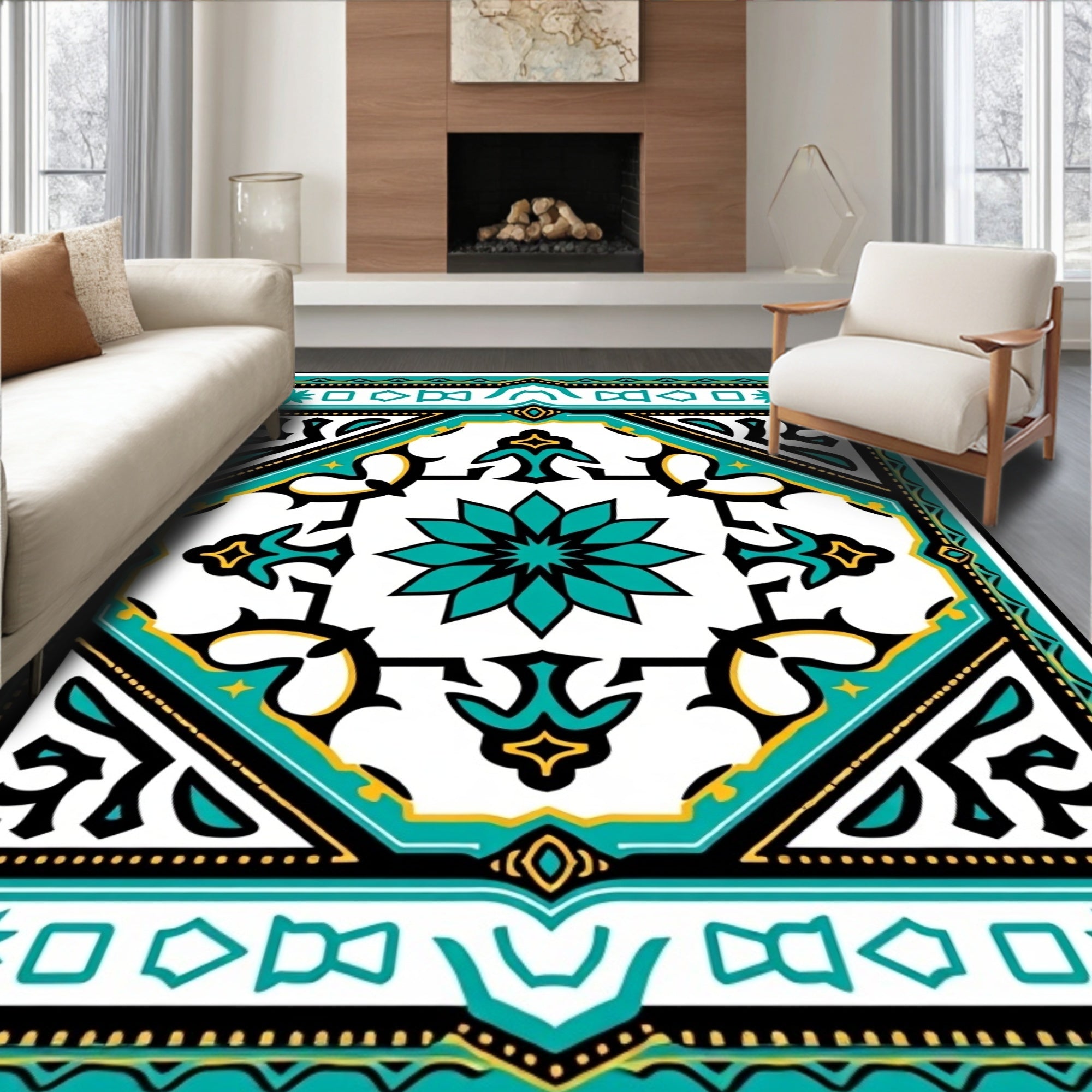 Intricate Teal Geometric Floral Rug Design Rug