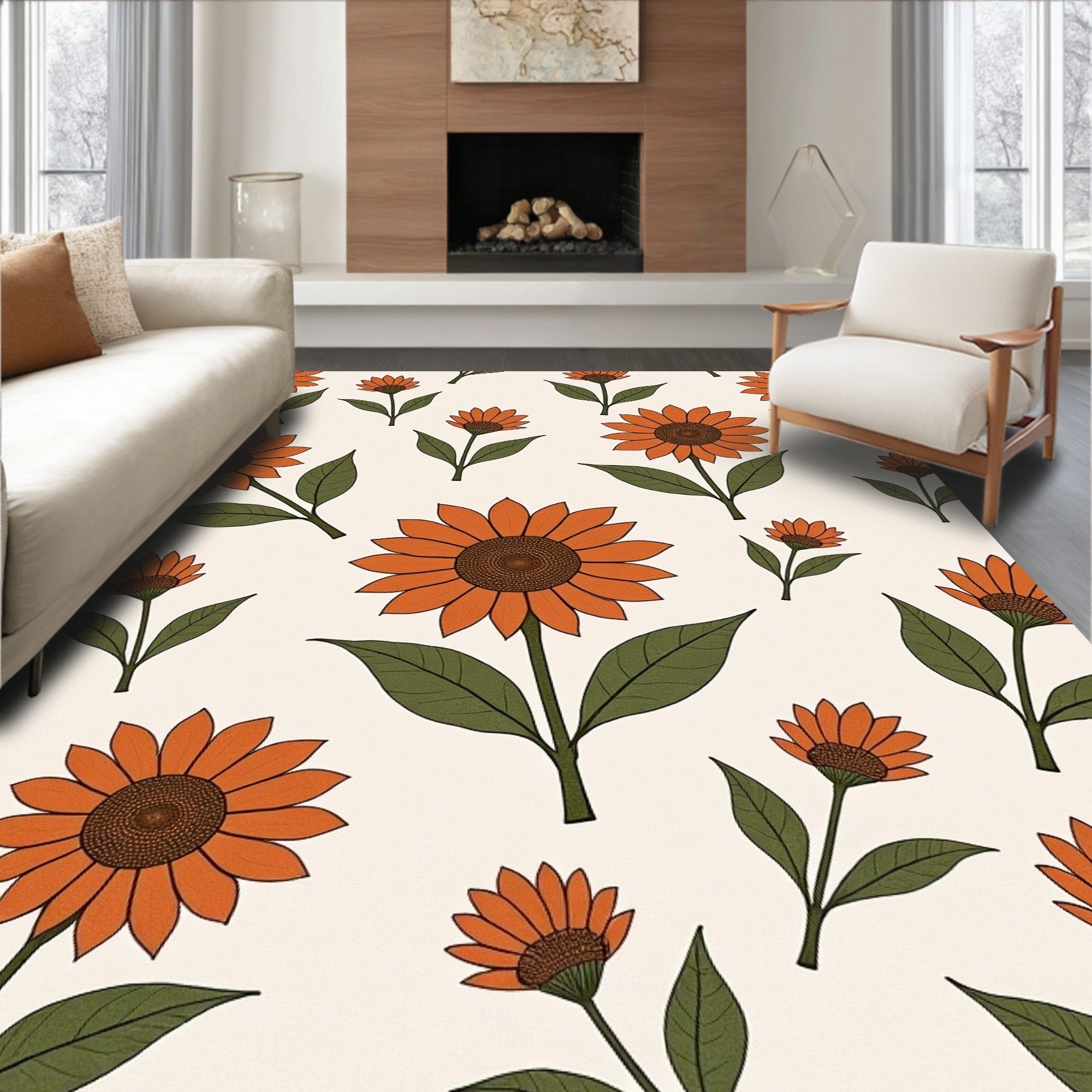 Retro Orange Sunflower Pattern Rug