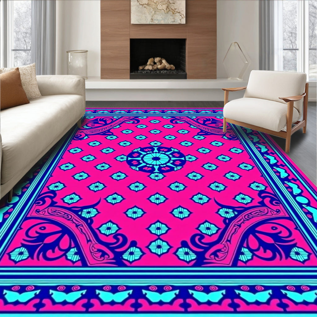 Vibrant Pink Blue Floral Mandala Design Rug