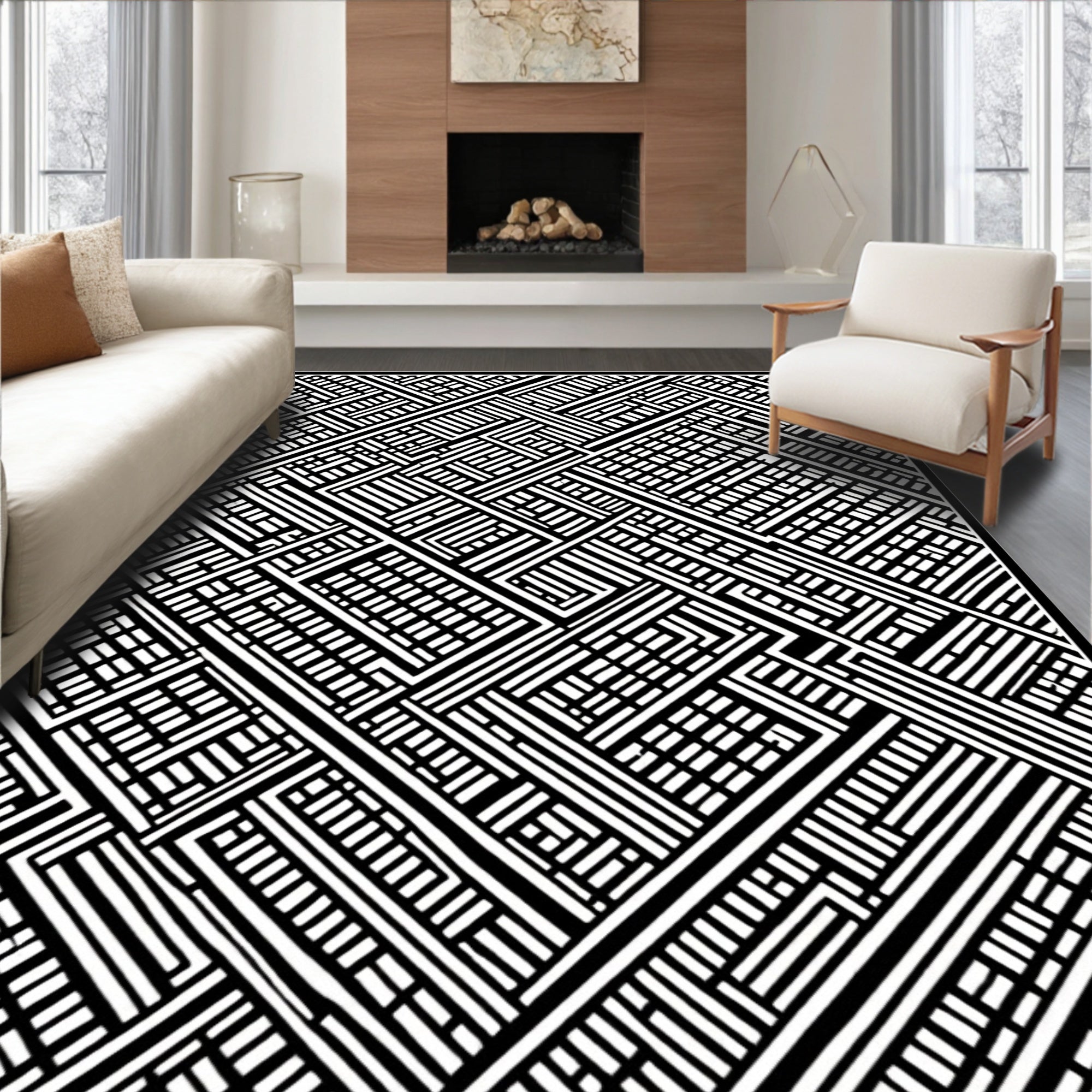 Abstract Black White Geometric Maze Design Rug