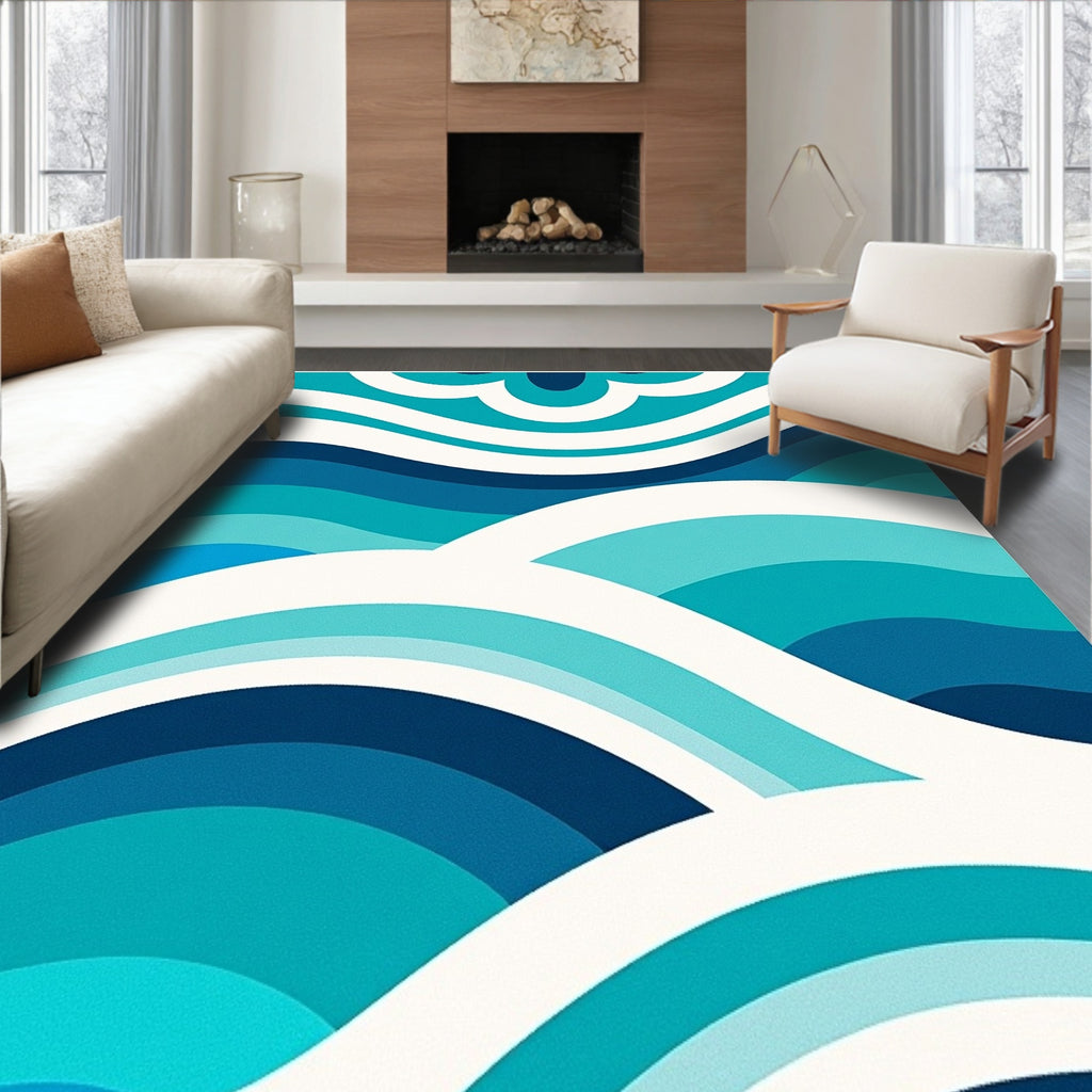 Aqua Blue Wavy Layered Pattern Rug