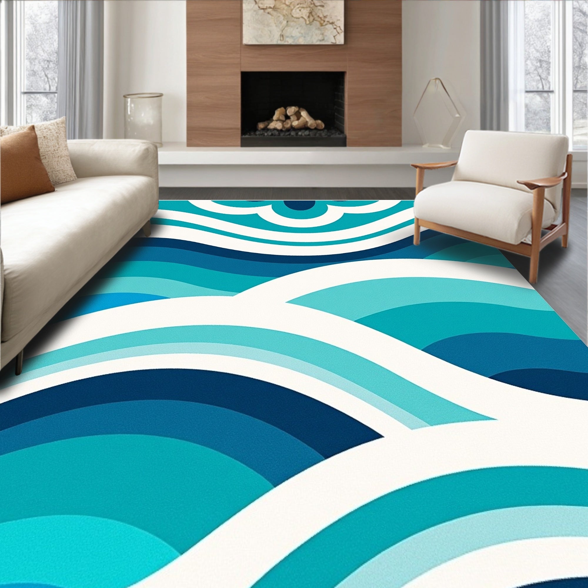 Aqua Blue Wavy Layered Pattern Rug