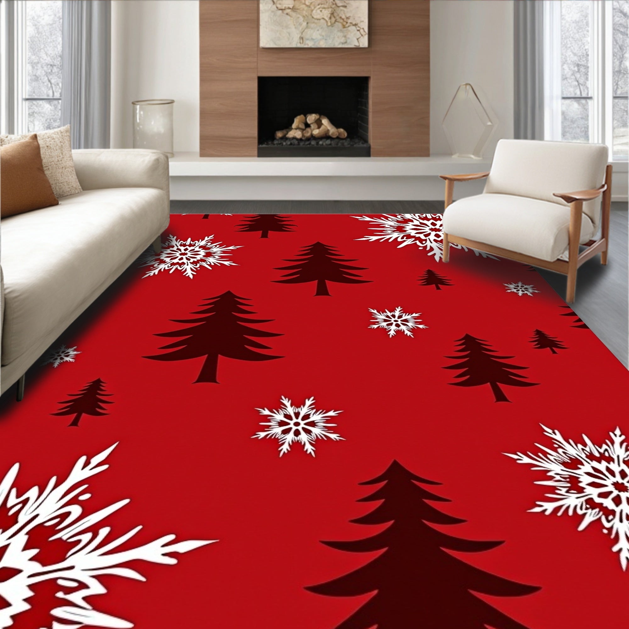 Red White Christmas Trees Snowflakes Holiday Rug