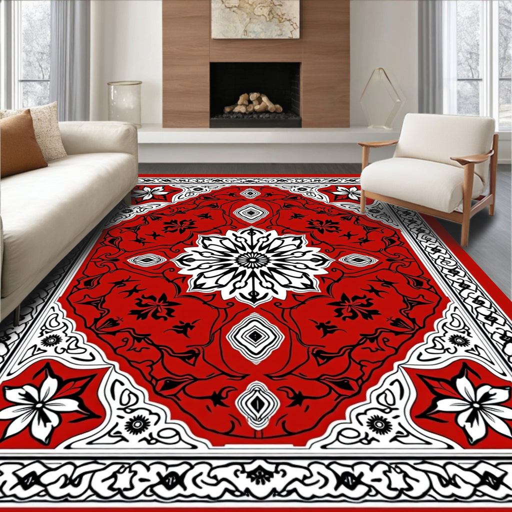 Vibrant Red Intricate Floral Pattern Rug
