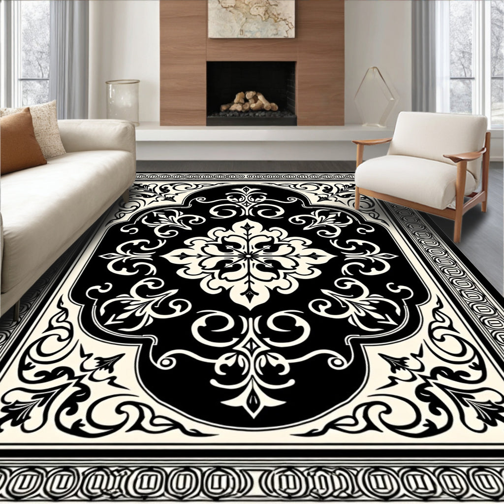Classic Black White Floral Damask Rug